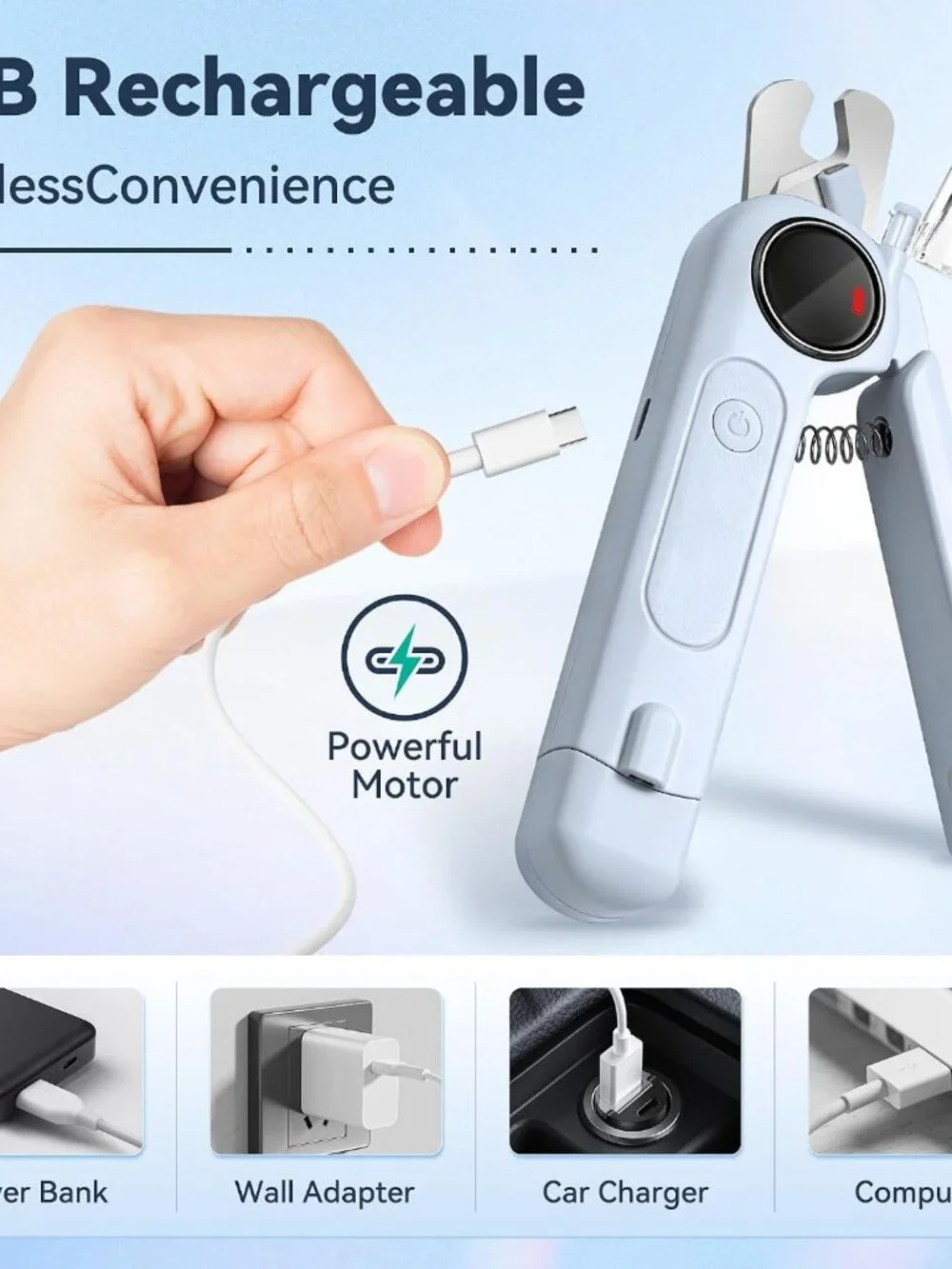 2-in-1 Quiet Electric Pet Nail Clipper Grinder with Light for Dogs Cats - Blue